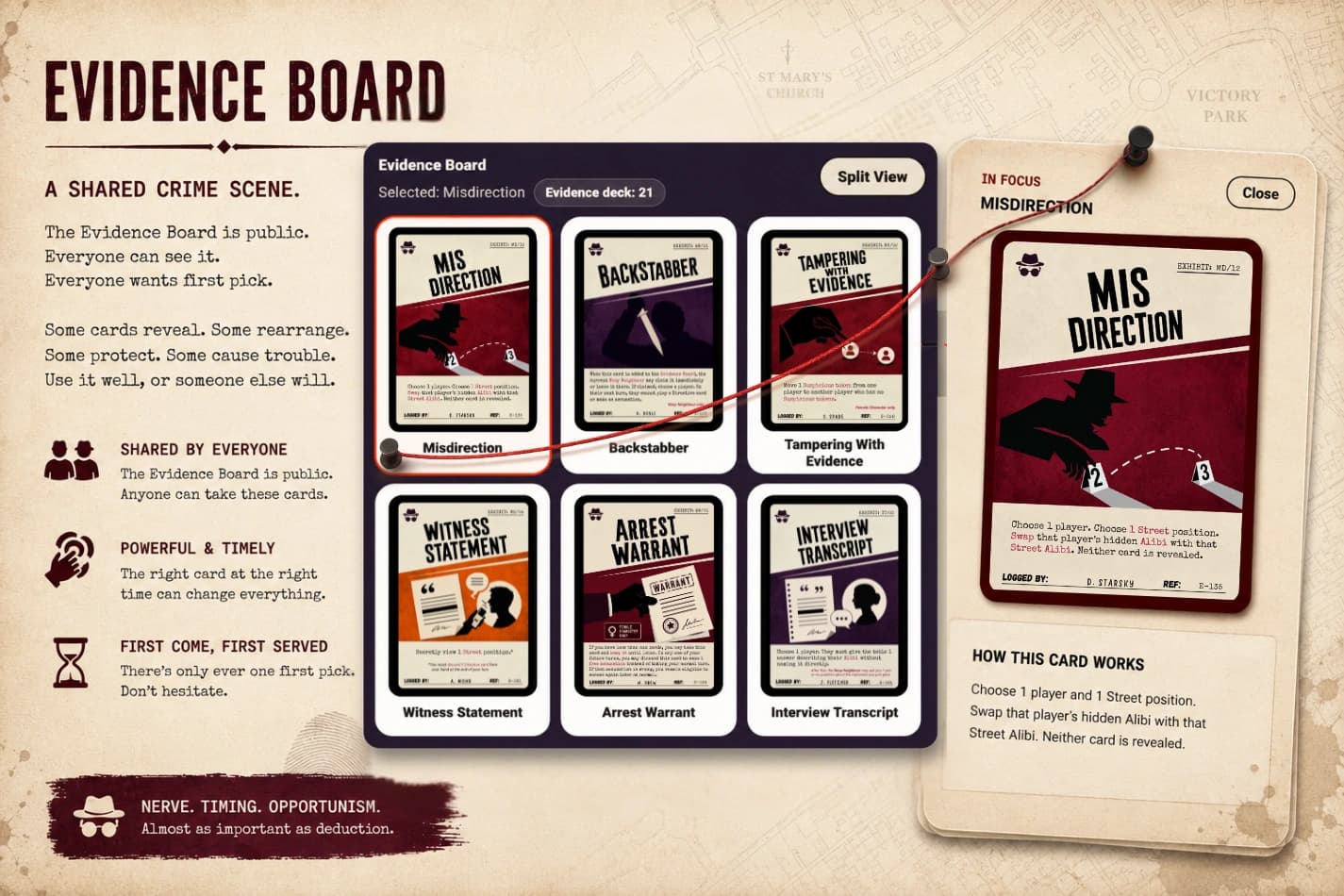 The Murderful Evidence Board shown as a shared public crime scene with a selected card in focus.