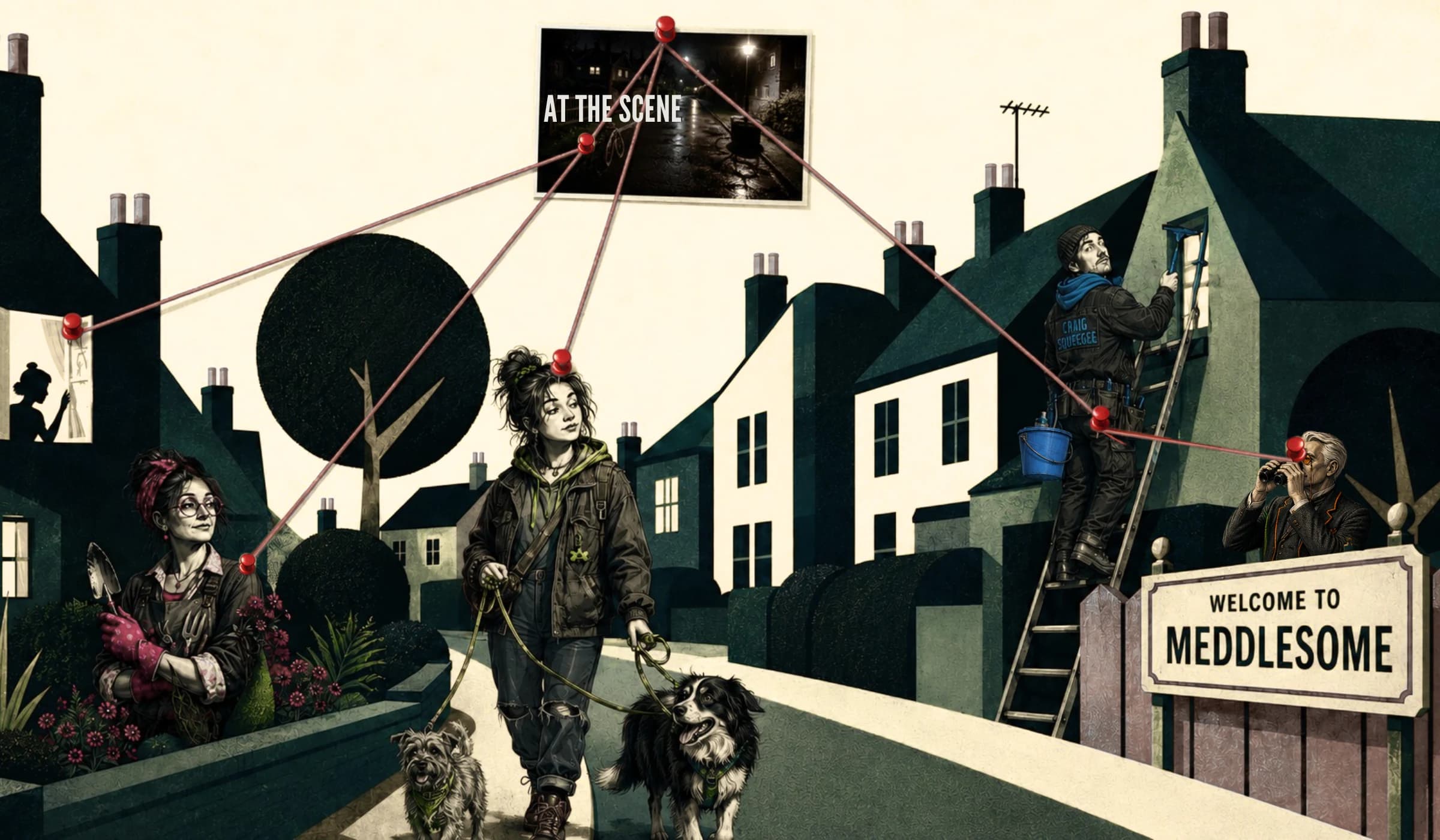 A Meddlesome street scene arranged like an evidence board with suspects connected to the crime scene.