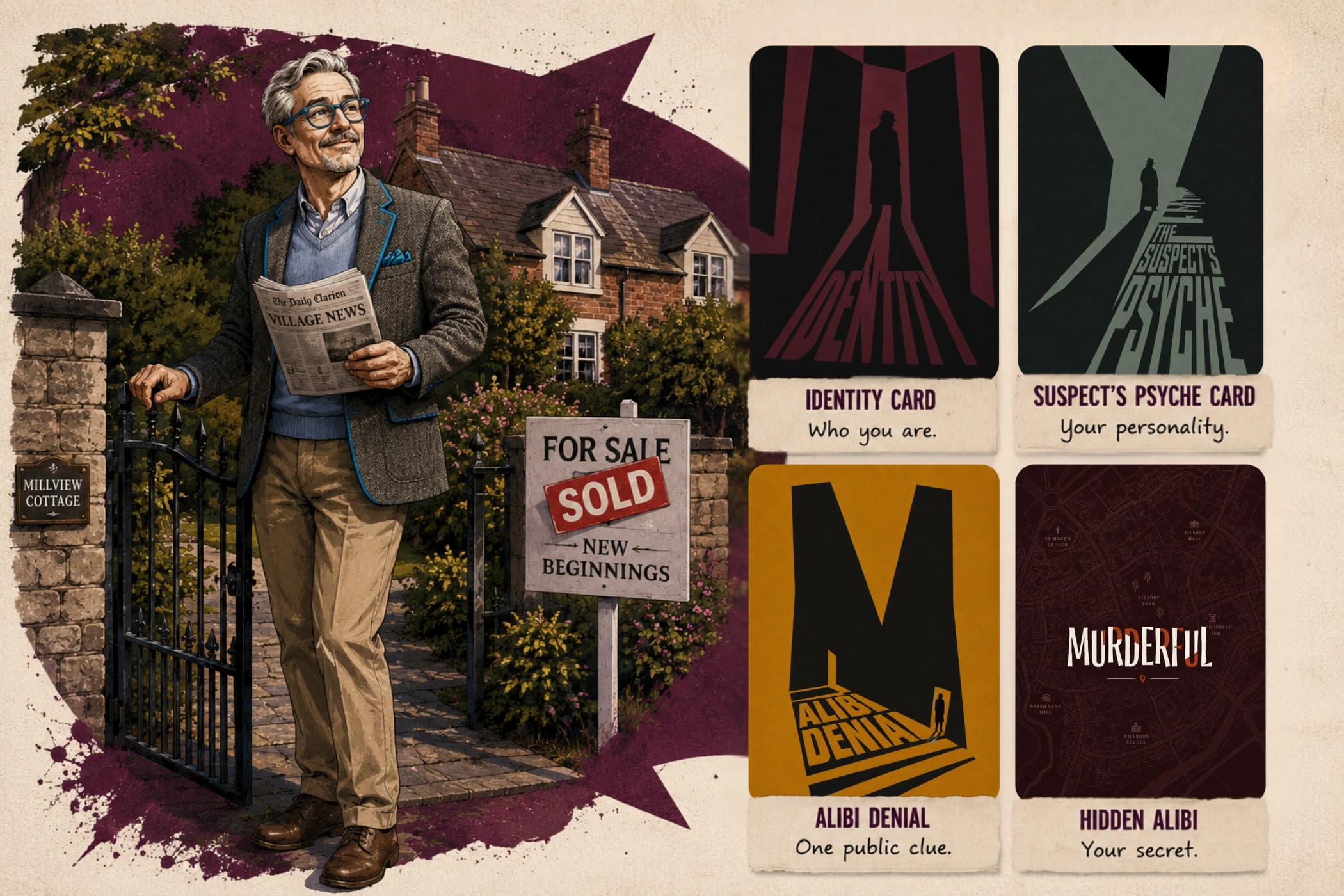 An overview of the cards and information each player is given at the start of Murderful.